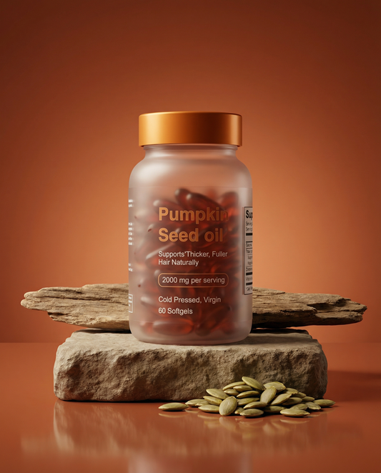 Bottle of pumpkin seed oil with a gold cap on a stone platform against an orange background
